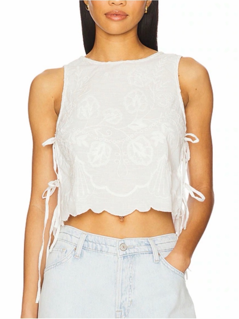 Free People Faded Gardens White Embroidered Side Tie Tank